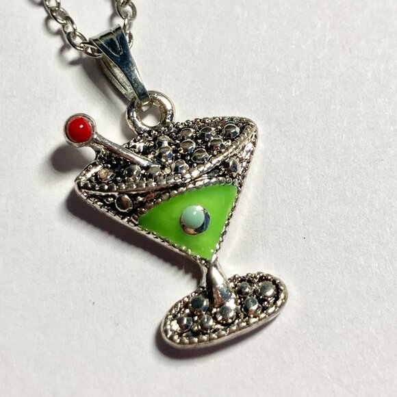 Martini Cocktail Drink Cup Glass Charm Necklace Pendant Green Enamel 18" Chain - Picture 3 of 9